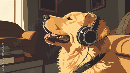 Golden Retriever Dog Wearing Headphones in a Room Illustration.