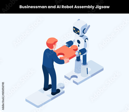 Businessman and AI Robot Assembly Jigsaw