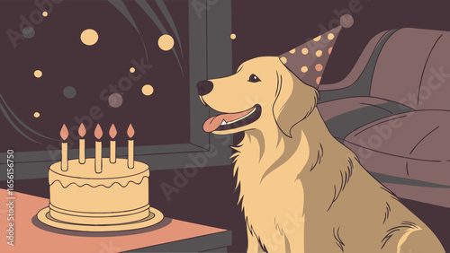 Golden Retriever Dog Wearing Party Hat by Birthday Cake.