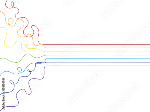 Vector abstract illustration with bright gradient lines moving from chaotic tangled curves to clean straight lines. Conceptual artwork about transformation, harmony, structure, and balance