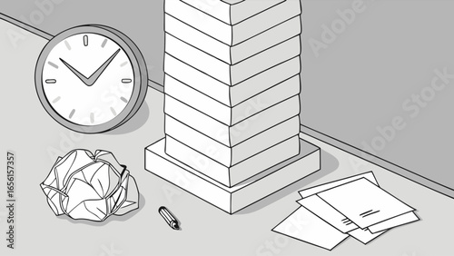 Towering Pile of Papers Crumpled Paper and Clock.