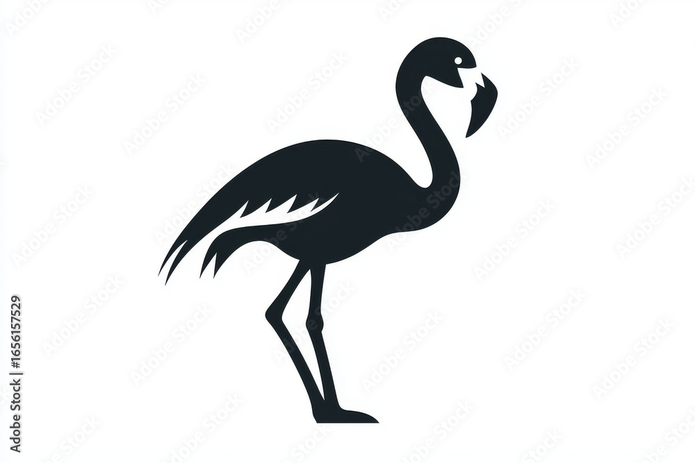 Fototapeta premium Minimalist flamingo silhouette in flat black vector style on white background, simple shapes design suitable for logo or icon concepts