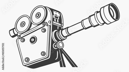Vintage Film Camera with Lens and Tripod.