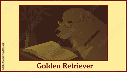 Golden Retriever Reading a Book with Sunglasses.