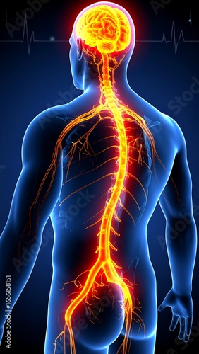 Posterior view of human anatomy highlighting the spinal cord and nervous system