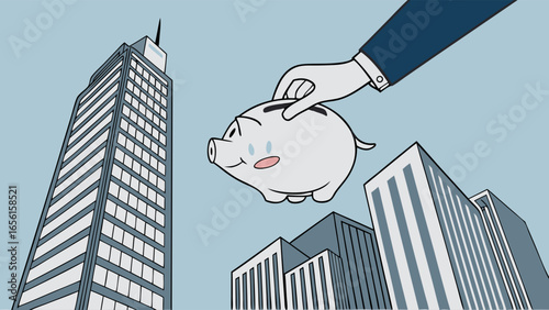 Hand Depositing Piggy Bank in Front of Skyscrapers.