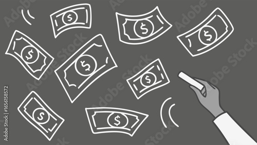 Hand Drawing Money on Chalkboard with Chalk.