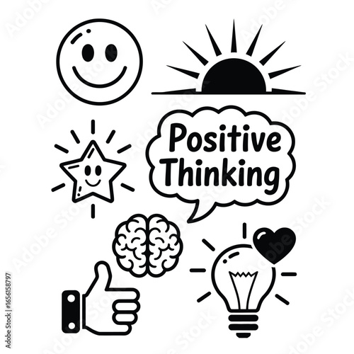 Positive thinking icons pack with smiling face, sunrise, motivational quote, brain, and lightbulb