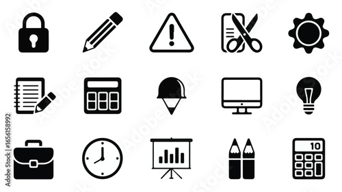 Black and white business icons for presentations and documents lock pencil