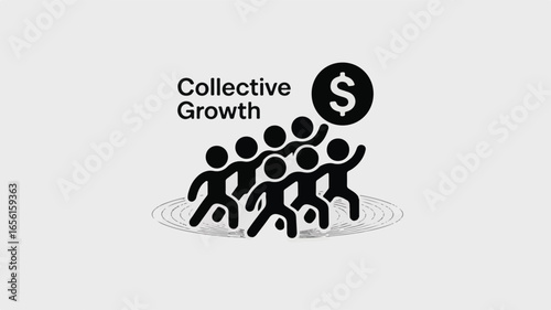 Black figures reaching for dollar sign with text teamwork growth