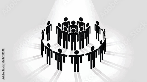 Black figures in circle formation with light beams people white