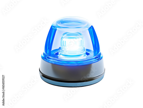 Bright blue emergency strobe light with clear dome isolated on transparent background