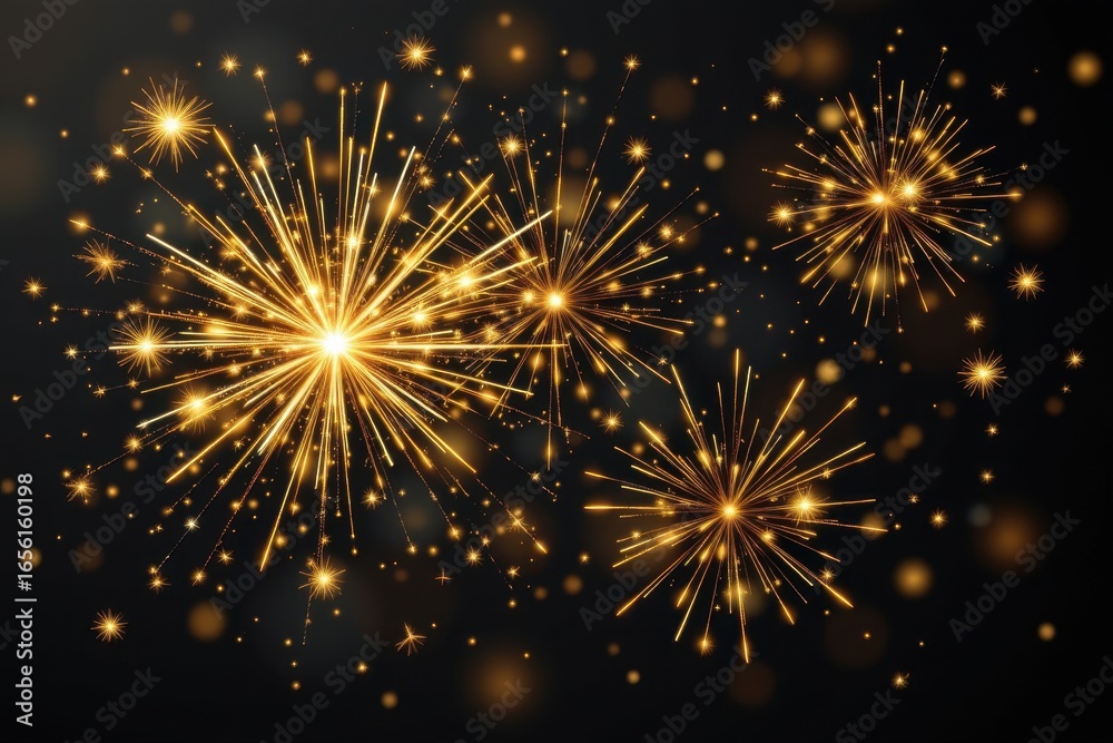 Naklejka premium Bright golden fireworks exploding against a dark night sky creating dazzling light effects