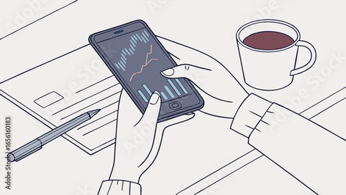 Hands Holding Smartphone Displaying Stock Market Chart with Coffee Cup.