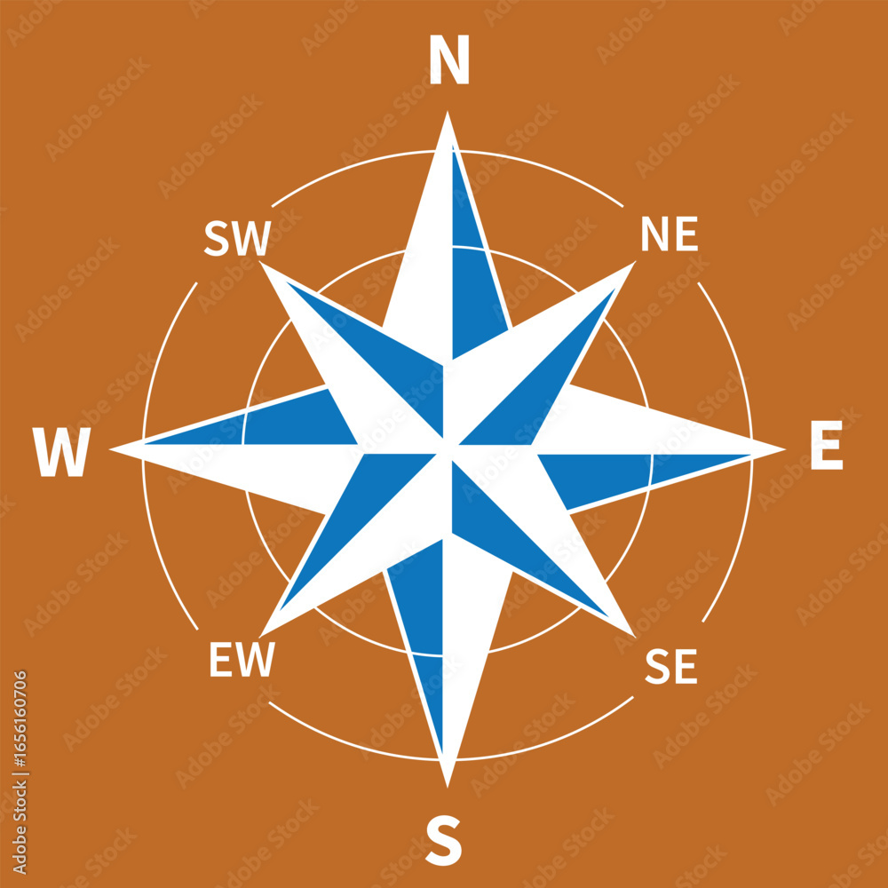 Φωτογραφία This image shows a compass rose with cardinal directions, designed for navigation and orientation, set against an orange background, useful for travel guides