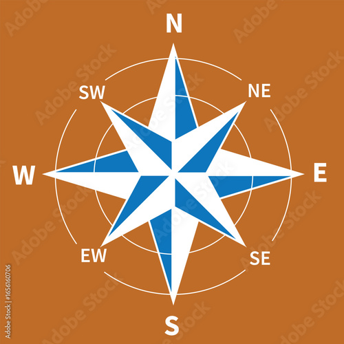 This image shows a compass rose with cardinal directions, designed for navigation and orientation, set against an orange background, useful for travel guides.