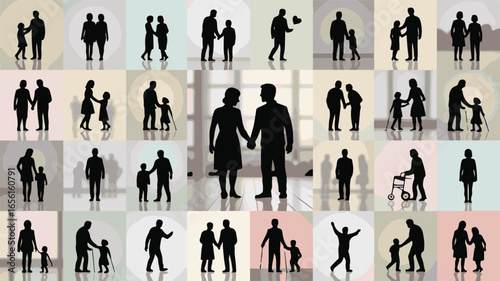 Diverse people family groups interacting children adults