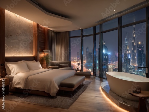 Luxury hotel room with city view at night