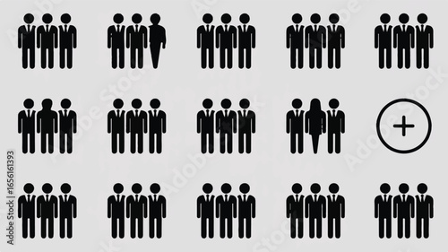 Groups of business people and a plus symbol figures suits