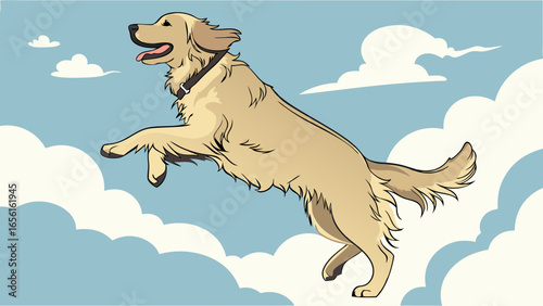 Joyful Golden Retriever Leaping in a Cloudy Sky Illustration.