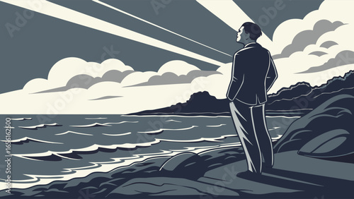 Man in Suit Contemplating Ocean View.