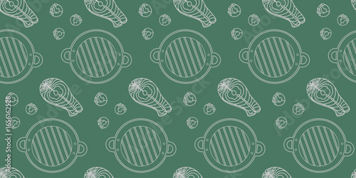Outline Brussels sprouts Salmon Steak and Grill Pan Chalk Seamless Pattern on Green Banner Backdrop