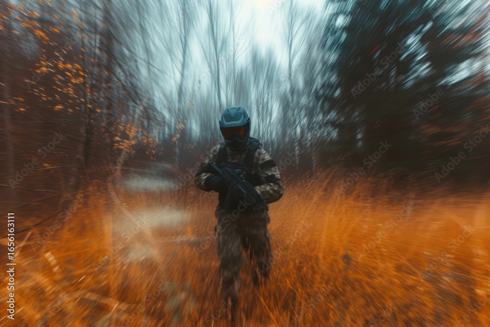Naklejka premium Paintball player on the forest field photography protection screenshot.