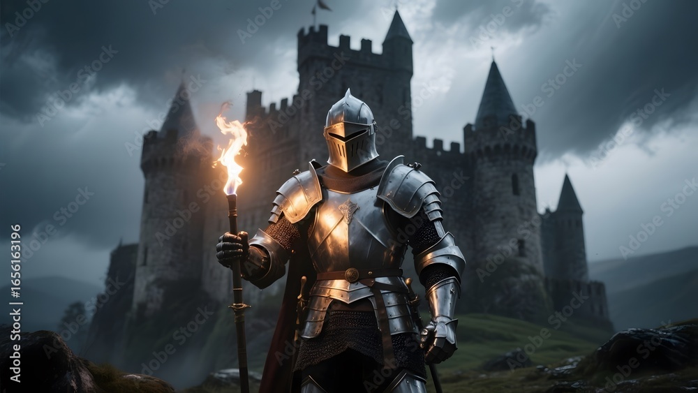 Fototapeta premium Knight in armor holding a torch, standing before a medieval castle under a stormy sky
