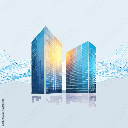 Digital twin vector illustration with mirrored wireframe buildings and data flow. Ideal for industry 4.0, smart city, and digital simulation projects.