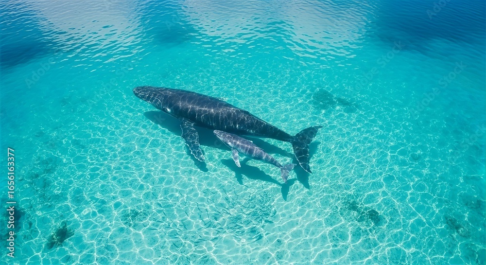 Fototapeta premium Whale Mother and Calf in Tropical Ocean