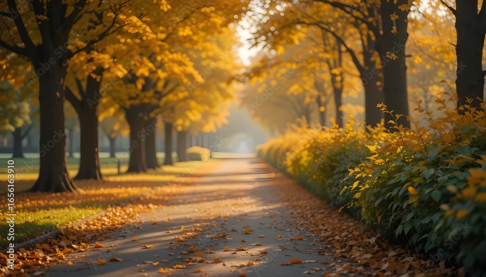 Fototapeta premium Autumn park path covered with golden leaves, soft sunlight