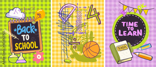 Back to school - a bright cartoon set of two posters on the theme of study, knowledge, training. Modern digital illustration of school supplies in a light green and lilac color scheme.