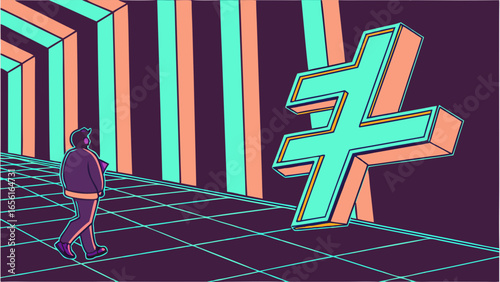 Retro Hashtag Symbol in a Geometric Corridor with a Man Walking.