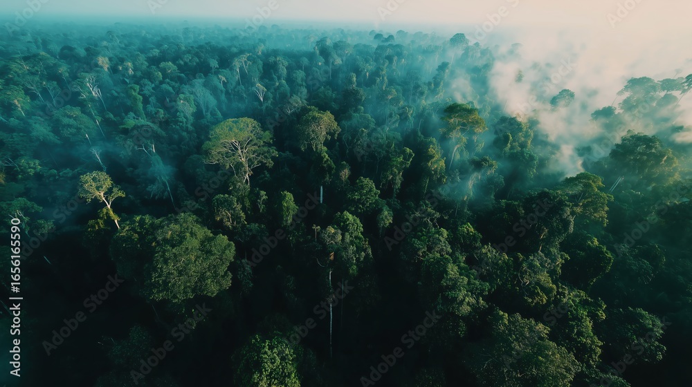 Fototapeta premium Dense Tropical Rainforest from Above with Morning Mist Rising Between Canopy Trees and Exotic Birds in Flight, Vibrant Green Jungle Landscape 