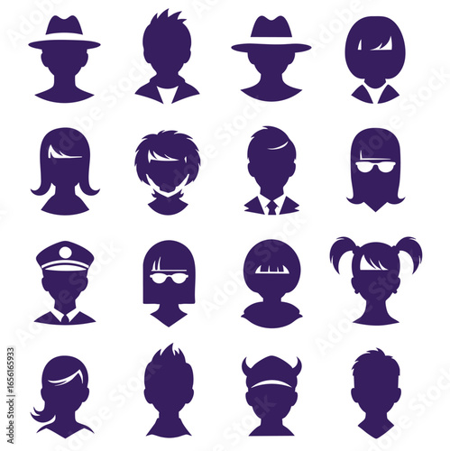 Sixteen Purple Silhouette Headshots in Grid on Off-White Background Set