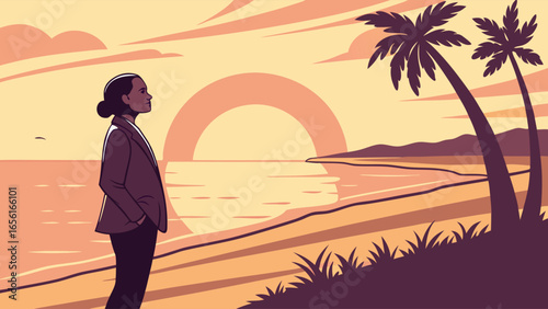 Silhouette of a Person Contemplating Sunset on Beach.