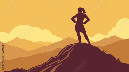 Silhouette of Confident Woman Standing on Mountain Peak at Sunset.