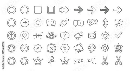 A collection of various line icons and symbols for communication and design