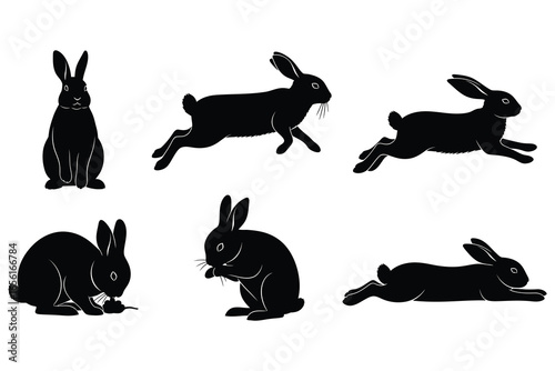 Six minimalist black rabbit silhouettes depicting natural behaviors such as sitting, running, eating, and grooming.