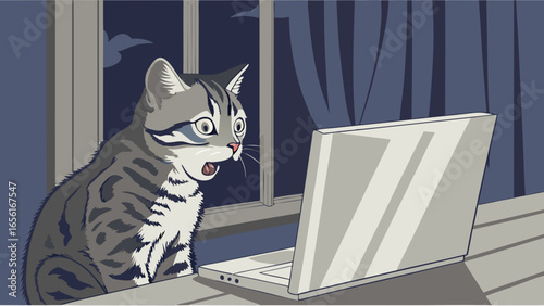 Surprised Cat Looking at Laptop at Night.