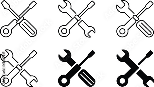 Screwdriver and Wrench Icons Set, Crossed Outline and Solid Style, Transparent Background