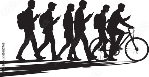 People Walking with Phones  Minimalist Silhouette Vector