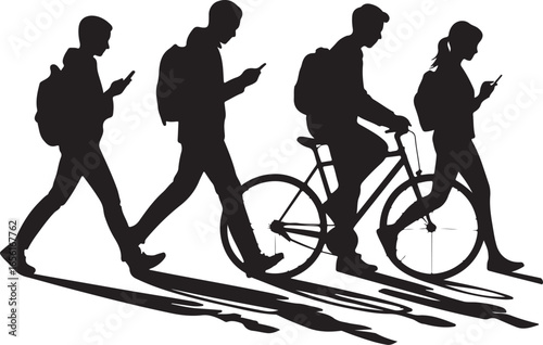 People Walking with Phones  Minimalist Silhouette Vector