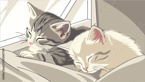 Two Adorable Sleeping Kittens Snuggled Together Peacefully.