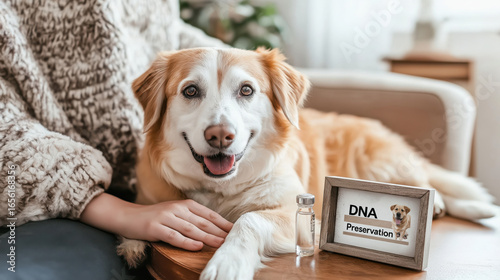 Happy dog with dna preservation kit on wooden table indoors