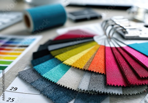 Fabric swatches, color palettes, and design tools on a desk