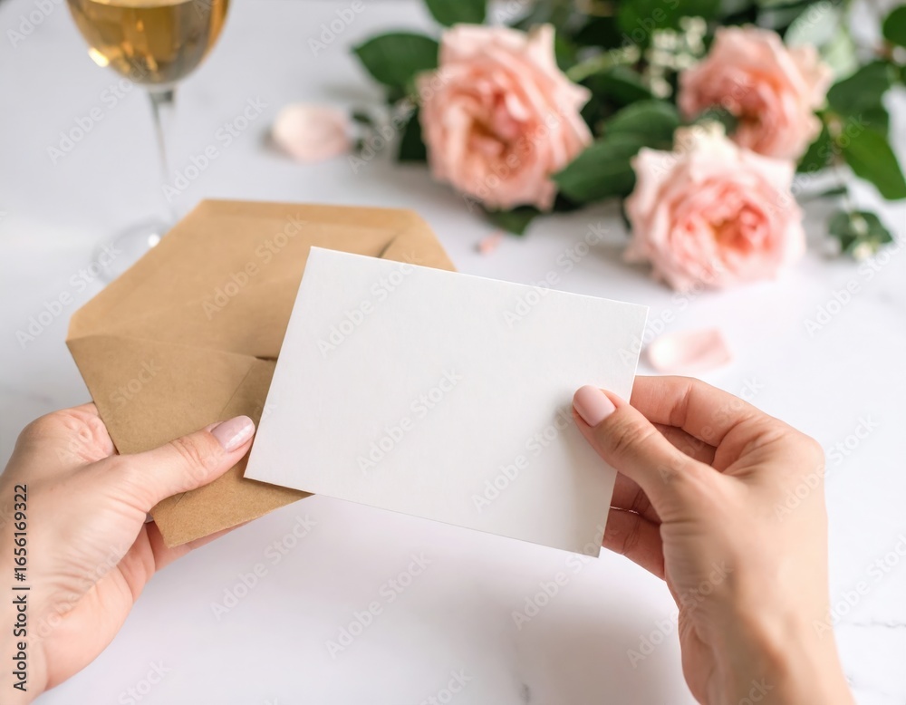 Obraz premium Woman Holding Blank Invitation Card With Envelope And Roses
