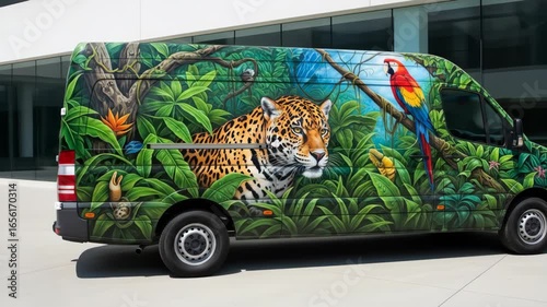 Delivery van with a beautiful jungle airbrush painting of a jaguar parrot and green leaves