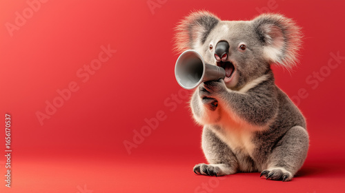 Koala holding megaphone against red background, expressive wildlife concept