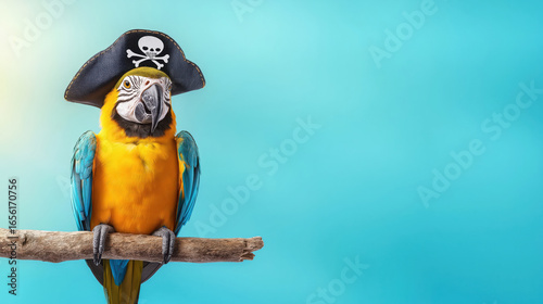 Colorful parrot wearing pirate hat on branch against blue background